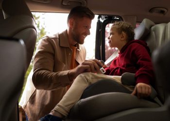 Proper installation of a rear-facing car seat.